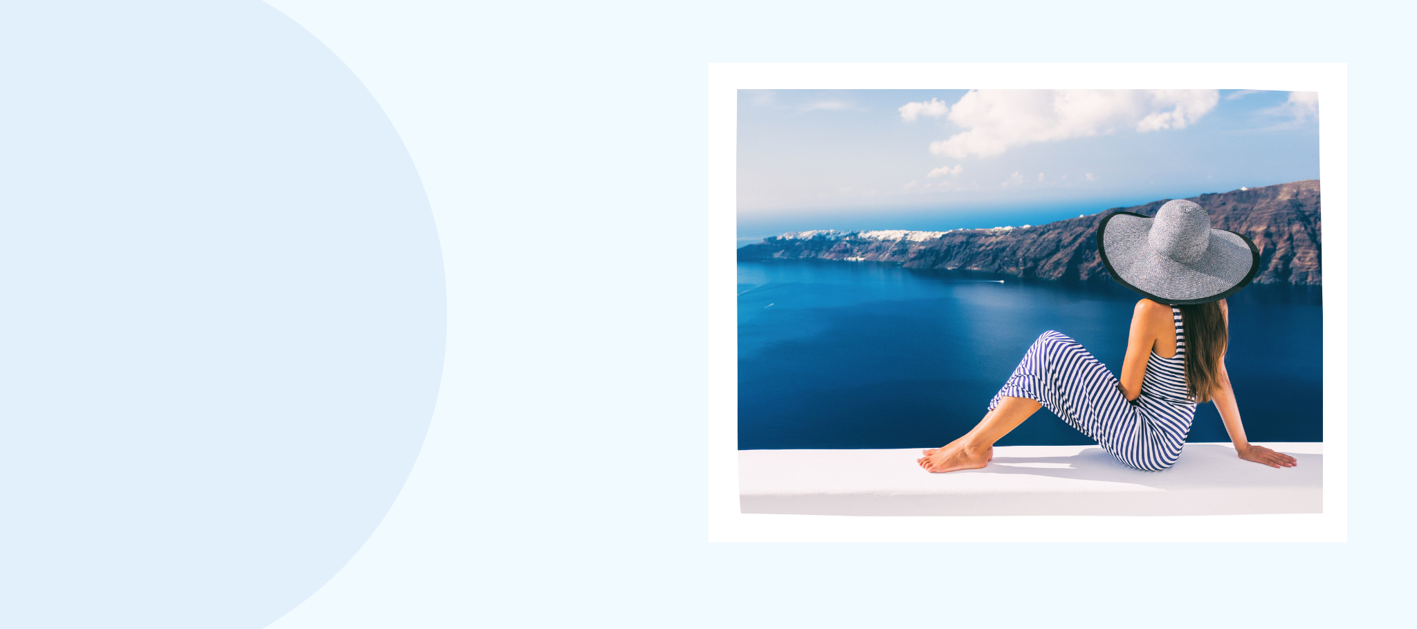 Home page banner image for travel health service. Woman sitting on wall looking out at the ocean